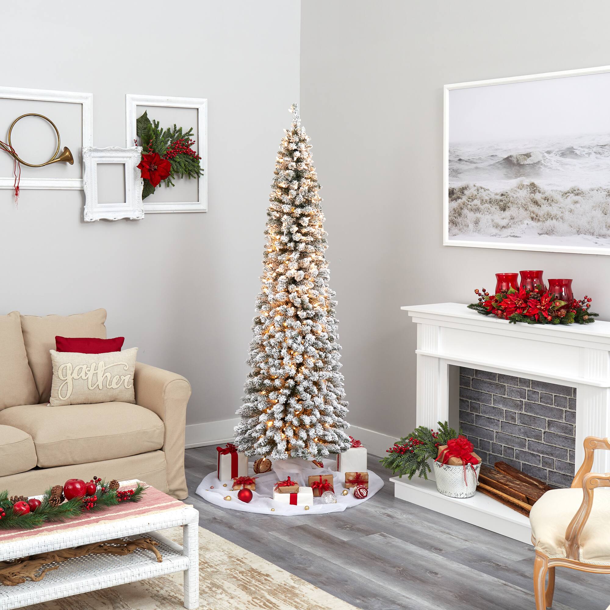 7ft. Pre-Lit Flocked Pencil Artificial Christmas Tree with Clear LED Lights